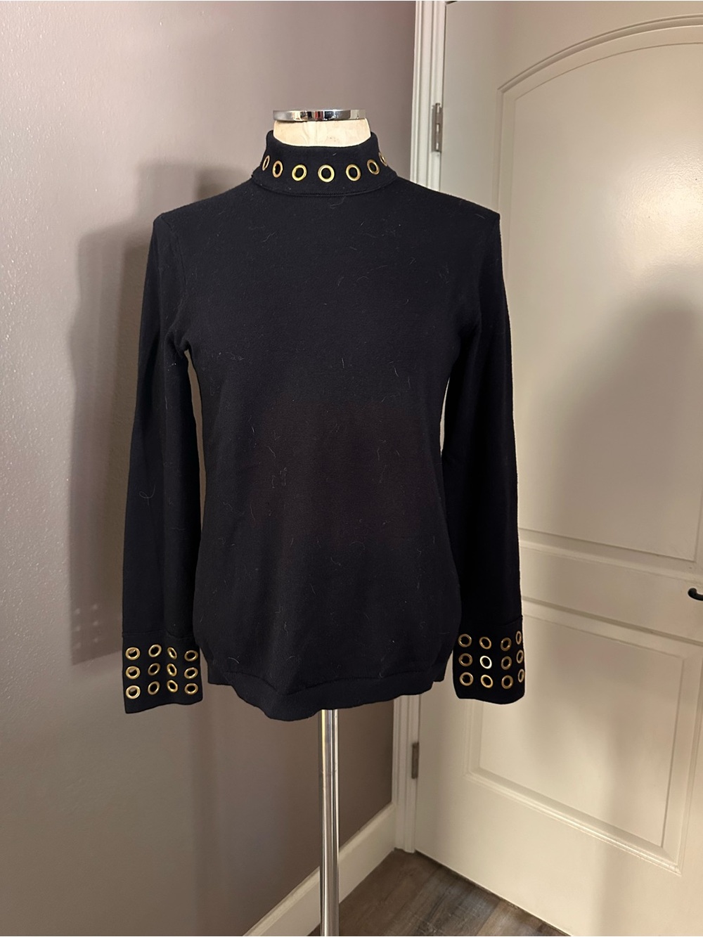 Tory Burch Black Mock Neck Sweater with Gold Eyelet Detail